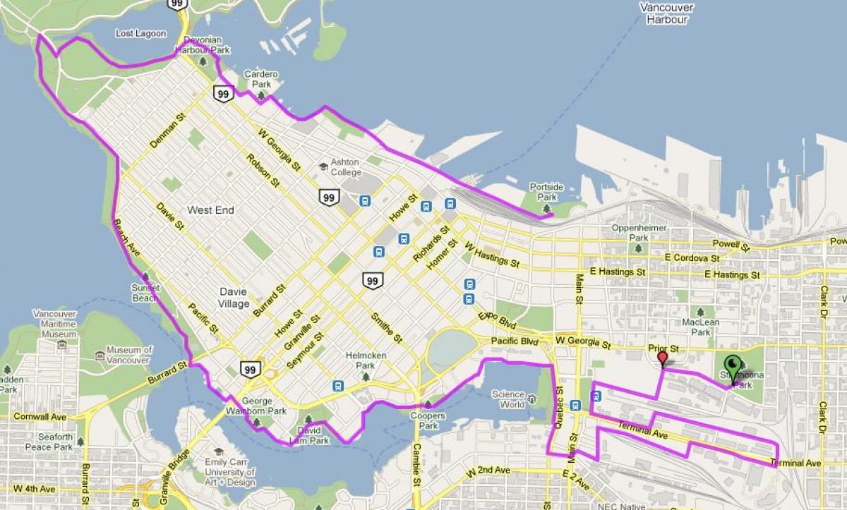 温哥华市的自行车的地图