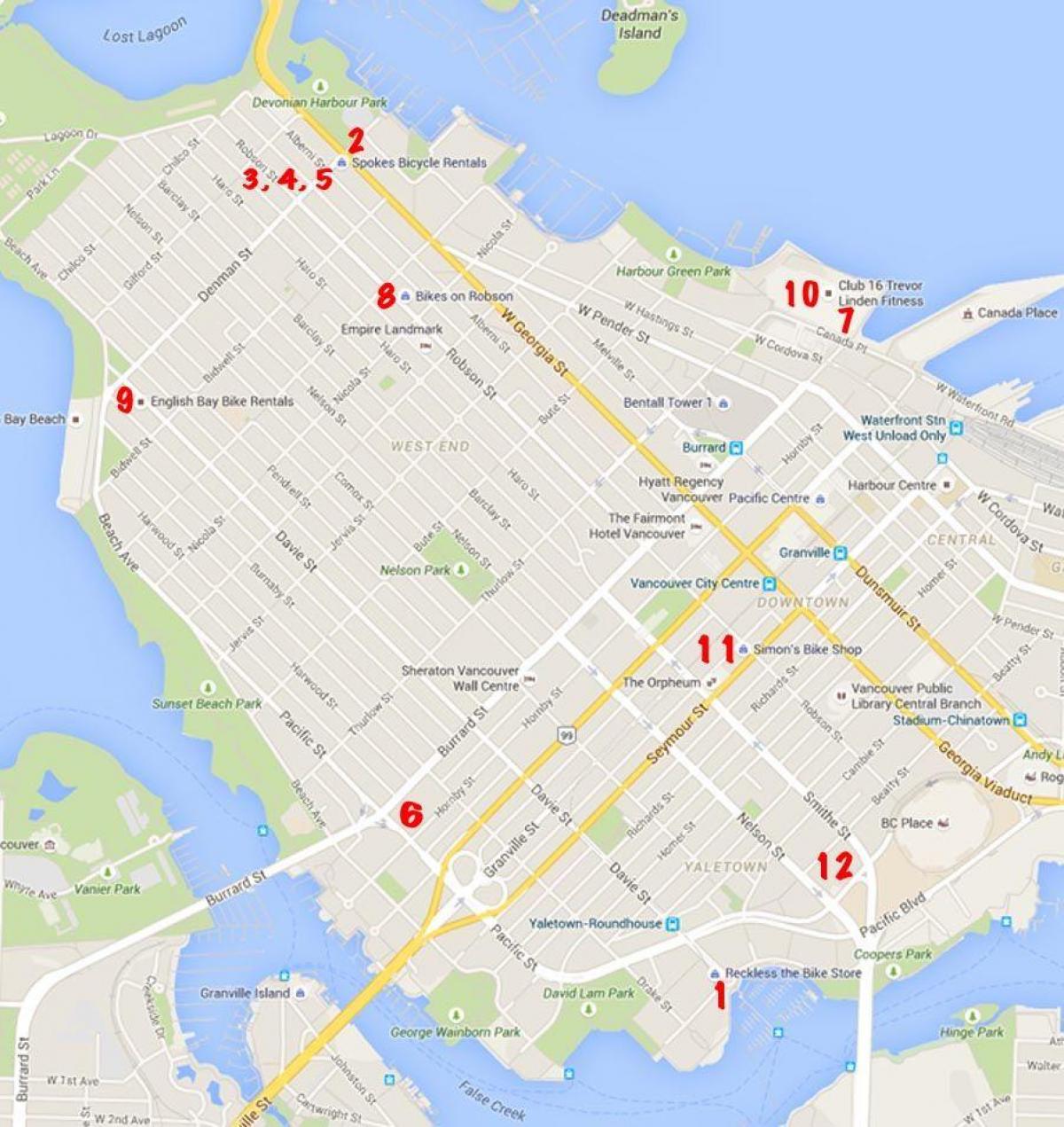 温哥华的自行车的地图